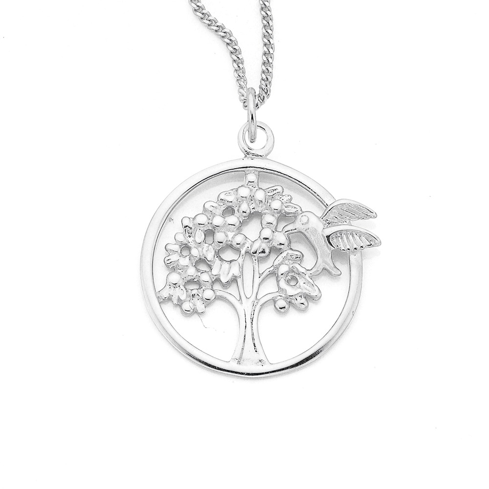Sterling Silver Tree With Hummingbird Round Pendant