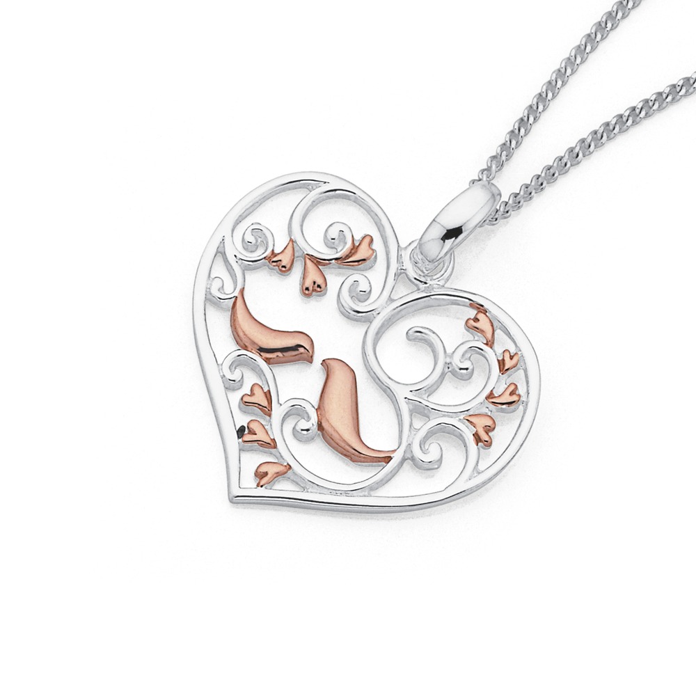 Sterling Silver Rose Gold Plated Heart & Birds Pendant
