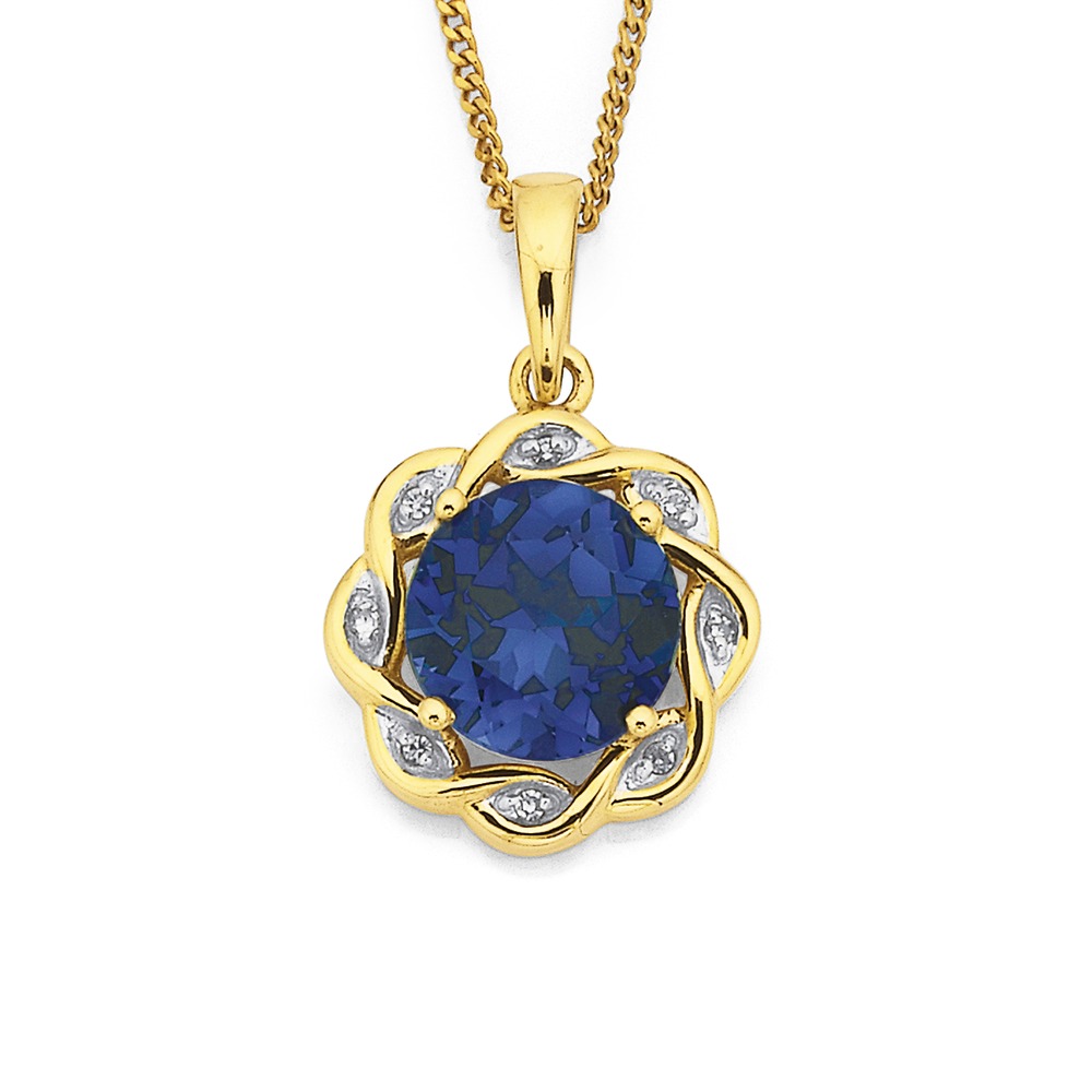 9ct Created Sapphire & Diamond Pendant