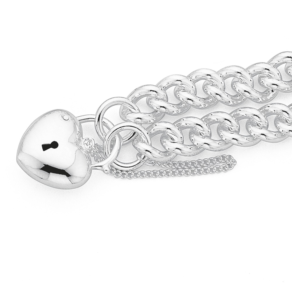 Sterling Silver 19cm Curb Bracelet with Heart Padlock