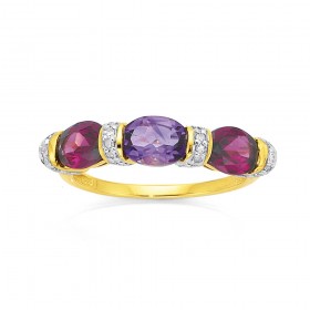9ct-Rhodolite-Garnet-Amethyst-Diamond-Ring on sale