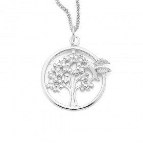 Sterling+Silver+Tree+With+Hummingbird+Round+Pendant