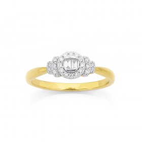 9ct%2C+Diamond+Cluster+with+Bagette+Ring