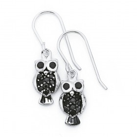Sterling+Silver+Black+Cubic+Zirconia+Owl+Earrings