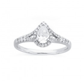 18ct+White+Gold%2C+Pear+Cut+with+Diamond+Halo+Ring+Total+Diamond+Weight%3D.75ct
