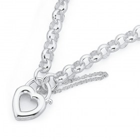 Sterling+Silver+19cm+Belcher+Bracelet+with+Heart+Padlock