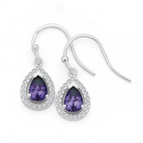 Purple-and-White-Cubic-Zirconia-Pear-Shape-Earrings-in-Sterling-Silver on sale