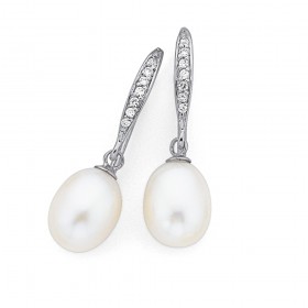 Sterling-Silver-Freshwater-Pearl-Cubic-Zirconia-Hook-Earrings on sale