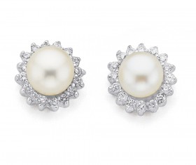 Sterling-Silver-Freshwater-Pearl-Cubic-Zirconia-Cluster-Studs on sale