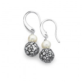 Pearl-Flower-Ball-Drop-Earrings-in-Silver on sale