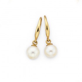 5mm+Cultured+Fresh+Water+Pearl+Drop+Earrings+in+9ct+Yellow+Gold