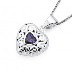Sterling+Silver+Purple+Cubic+Zirconia+Heart+Locket