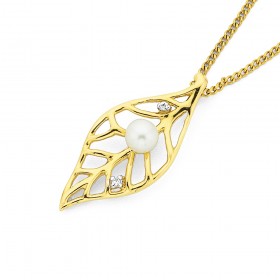 9ct-Gold-Pearl-Diamond-Leaf-Pendant on sale