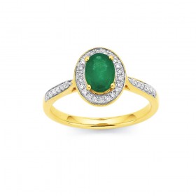 9ct%2C+Emerald+and+Diamond+Halo+Ring