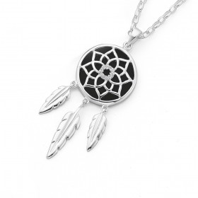 Sterling-Silver-Onyx-Flower-Cubic-Zirconia-Dream-catcher-Pendant on sale