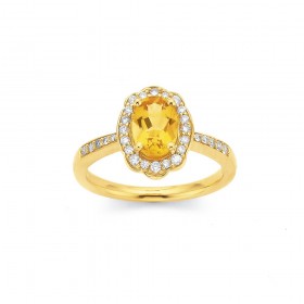 9ct+Fancy+Halo+Citrine+and+Diamond+Ring