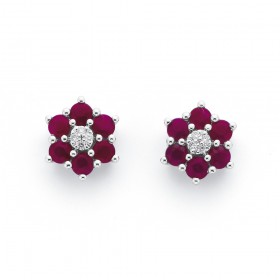 9ct+White+Gold+Ruby+and+Diamond+Flower+Cluster+Earrings