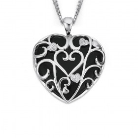 Sterling-Silver-Cubic-Zirconia-Onyx-Heart-Pendant on sale