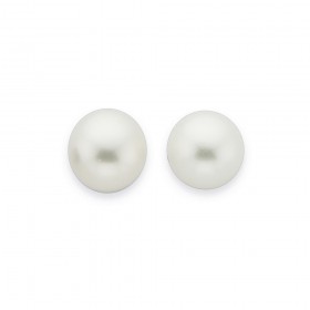 Sterling+Silver+9-9.5mm+Button+Cultured+Fresh+Water+Pearl+Stud+Earrings