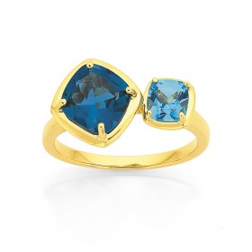 9ct+Swiss+Blue+Topaz+and+London+Blue+Topaz+Claw+Set+Ring