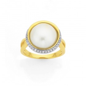 9ct+12mm+Mabe+Pearl+with+Diamond+Halo+Ring