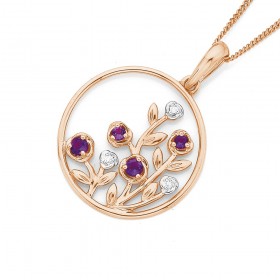 9ct+Rose+Gold+Amethyst+and+Diamond+Flowers+in+a+Circle+Pendant