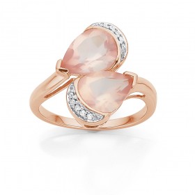 9ct+Rose+Gold+Two+Pear+Shape+Rose+Quartz+and+Diamond+Ring