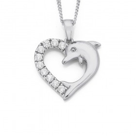 Sterling+Silver+Cubic+Zirconia+Heart+Dolphin+Pendant