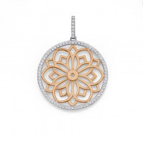 Sterling+Silver+Cubic+Zirconia+%26amp%3B+Rose+Gold+Plated+Flower+Disk+Pendant
