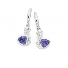 Sterling+Silver+Purple+Cubic+Zirconia+Heart+Swan+Drop+Earrings