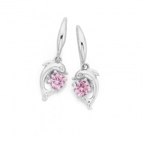 Sterling-Silver-Pink-Cubic-Zirconia-Dolphin-Drop-Hook-Earrings on sale