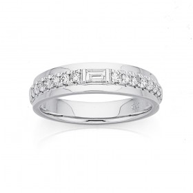 9ct+White+Gold+Baguette+and+Round+Diamond+Band