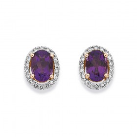 9ct+Rose+Gold+Oval+Amethyst+and+Diamond+Earrings