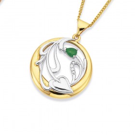 9ct+Two+Tone+Circle+with+Pear+Emerald+and+Diamond+Pendant
