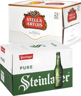 Steinlager-Pure-or-Stella-Artois-Bottles-24-Pack on sale