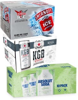 Smirnoff-Ice-or-Zero-Sugar-5-KGB-Vodka-Lemon-7-12-x-250ml-Cans-or-Absolut-Vodka-Soda-Range-10-x-250ml-Cans on sale