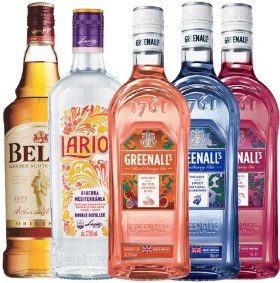 Bells-Blended-Scotch-Whisky-Larios-Mediterranean-Dry-Gin-Greenalls-Blood-Orange-Fig-Gin-Greenalls-Blueberry-Gin on sale