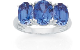 9ct-White-Gold-Created-Ceylon-Sapphire-Trilogy-Ring on sale