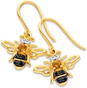 Eliza-9ct-Citrine-Onyx-Bee-Earrings-with-Diamond on sale