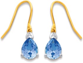 9ct-Created-Ceylon-Sapphire-Diamond-Pear-Shape-Hook-Earrings on sale