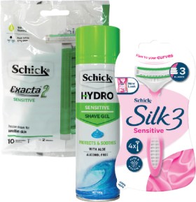 Schick-Exacta-2-10s-Silk-3-Sensitive-4s-or-Shave-Gel-198g on sale