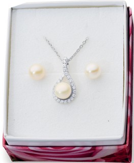 Sterling-Silver-Cubic-Zirconia-Freshwater-Pearl-Pendant-Studs-Set on sale