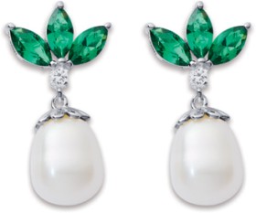 Sterling-Silver-Drop-Freshwater-Pearl-Earrings-with-Green-Cubic-Zirconia-Leaf-Accent on sale