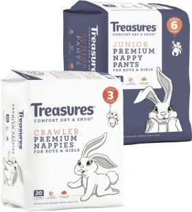 Treasures-Convenience-Nappies-14-24-Pack-or-Nappy-Pants-14-18-Pack on sale