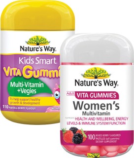 Natures-Way-Kids-Smart-Multi-Vitamins-Vegies-110s-or-Vita-Gummies-Womens-Multivitamins-100s on sale
