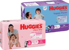 Huggies-Bulk-Pack-Ultra-Dry-Nappies-30-54-Pack-or-Nappy-Pants-28-34-Pack on sale