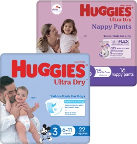Huggies-Convenience-Pack-Ultra-Dry-Nappies-16-28-Pack-or-Nappy-Pants-16-20-Pack on sale