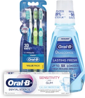 Oral-B-Sensitivity-Gum-90g-Mouthwash-500ml-Floss-Picks-75s-or-Toothbrush-3-Pack on sale