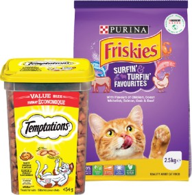 Friskies-Dry-Cat-Food-25kg-or-Temptations-Cat-Treats-454g on sale