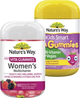 Natures-Way-Kids-Smart-Multi-vitamins-Vegies-110s-or-Vita-Gummies-Womens-Multivitamins-100s on sale